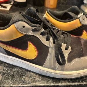 Nike Air Jordan Sneakers in Black, Gray & Yellow with maroon Accent